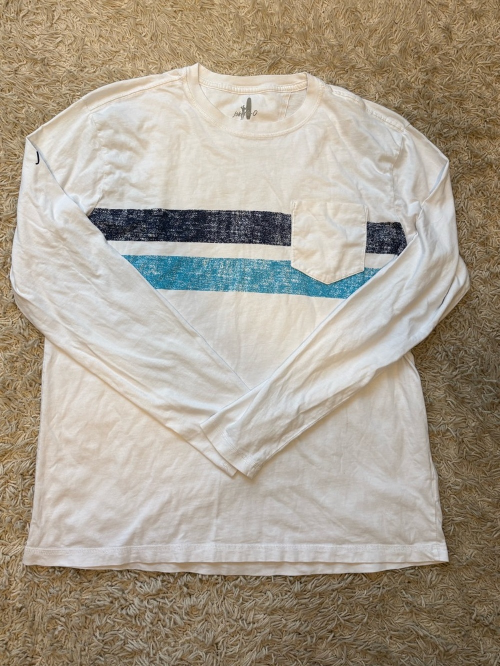 johnnie-O White Long Sleeve Tee with Navy and Teal Stripes